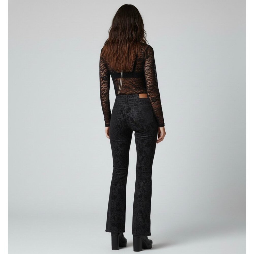 Y2K Black Floral Velvet Mid Rise Flare Jeans | Mob Wife Dark Academia Whimsigoth - Picture 6 of 10